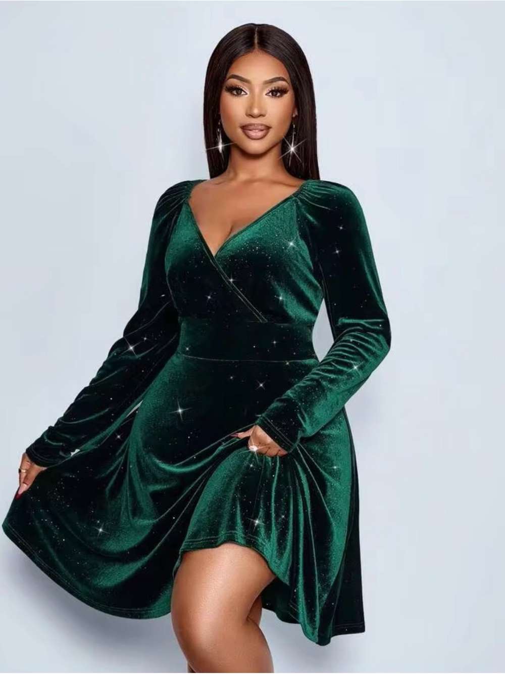Emerald Green Velvet Wrap Skater Dress